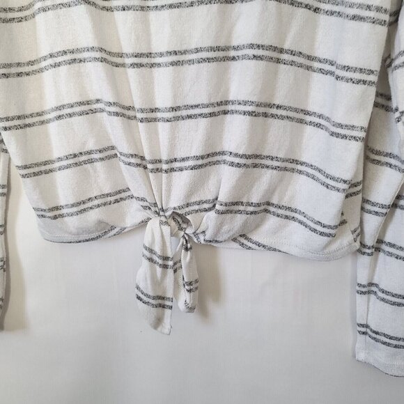 Caution To The Wind Tie Front LS Crew Tee Shirt Sz S Stripes White Gray Knit - Picture 4 of 6